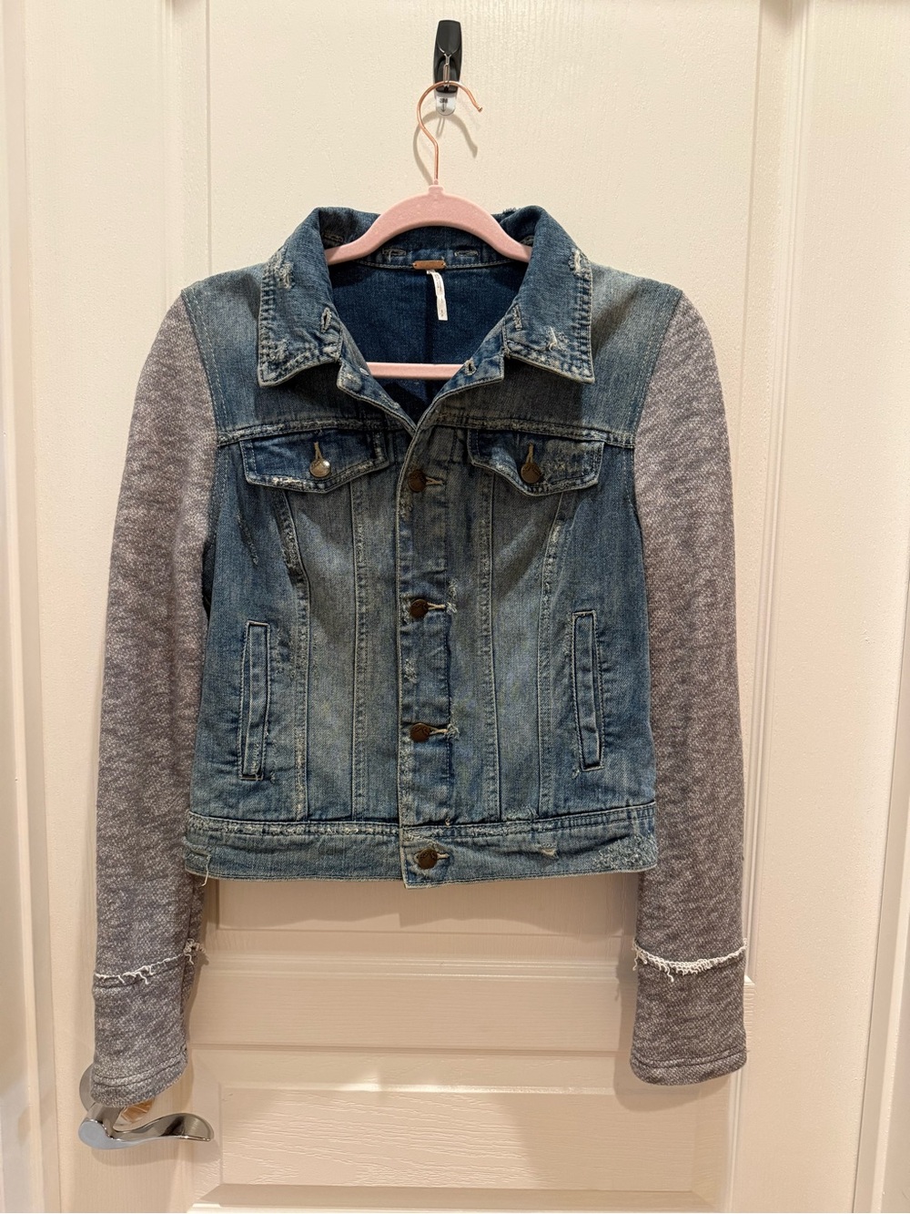 Free People Blue Denim Jacket with Gray Knit Sleeves